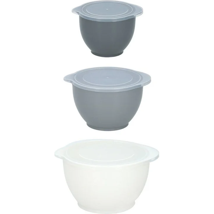 Neuetischkultur Rührschüssel Dosen-Set, 3 Stück mit Deckel, Kunststoff, 1,2 L, 2 L und 3,4 L, Weiß/Grau/Dunkelgrau, spülmaschinengeeignet