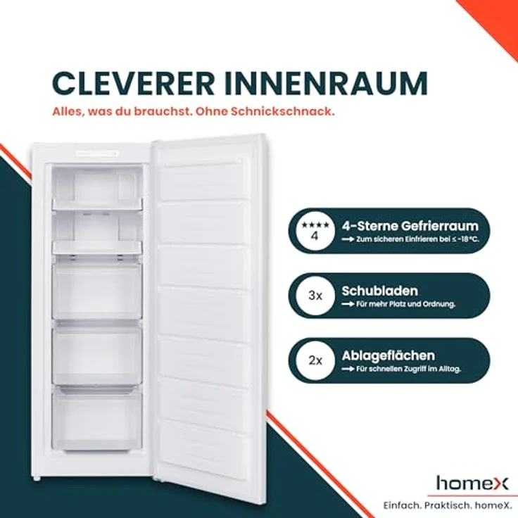 homeX FSN1611E-W Gefrierschrank No Frost, 161L Nutzinhalt, 4-Sterne Gefrieren, Super-Frost-Funktion, weiß – Bild 4