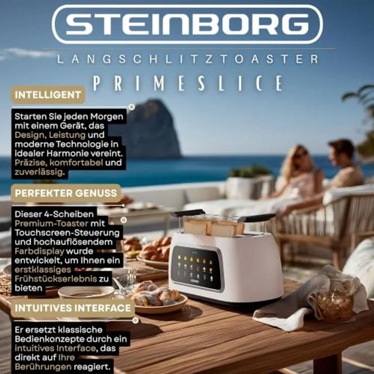 Steinborg XXL 4-Scheiben Toaster Schwarz mit Lift-Funktion, digitalem Display und Brötchenaufsatz, Edelstahl-Design – Bild 2