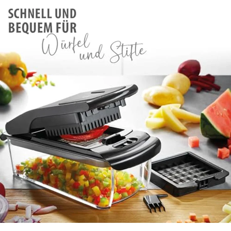 GEFU Würfel- und Stifteschneider mit Behälter, 3 Einsätze für Würfel, Stifte & Scheiben, Edelstahlklingen, 1000 ml, spülmaschinenfest, Antirutsch – Bild 3