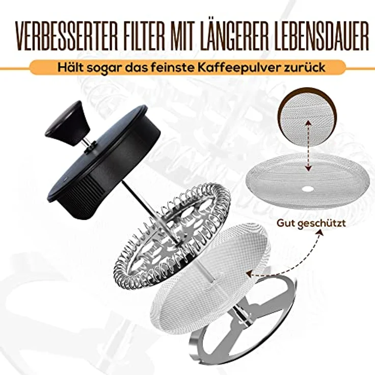 KICHLY French Press Kaffeemaschine, Tragbare Cafetière mit Dreifachfilter, Hitzebeständiges Glas, Edelstahlgehäuse, 1000ml - Schwarz – Bild 2