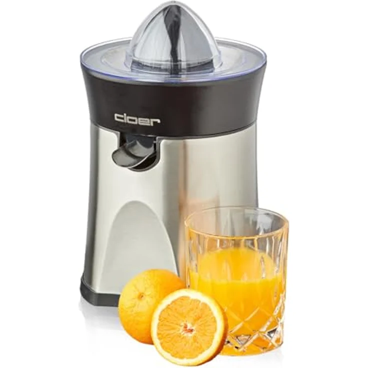 Cloer 6815 Zitruspresse und Orangenpresse, 2-in-1 Saftpresse, elektrisch, mit Tropf-Stopp, automatische Abschaltung, rutschfest, spülmaschinenfest, 100 W, Edelstahl – Bild 1
