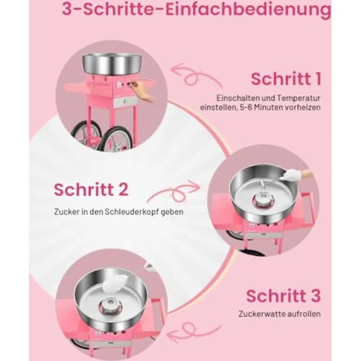 VEVOR elektrische Zuckerwattemaschine mit Wagen, 1000 W, 52 cm Edelstahlschüssel, inklusive Zuckerschaufel und Schublade, rosa, ideal für Kindergeburtstage und Familienfeiern – Bild 3