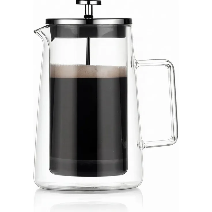 Arendo French Press Kanne 307877, 1l Kaffeebereiter aus hitzebeständigem Doppelwand-Borosilikatglas, Edelstahlfilter, spülmaschinenfest, BPA-frei