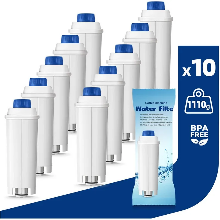 Filswa Wasserfilter FW600 für De'Longhi Kaffeemaschinen, 10er Pack Filterkartuschen zur Reduzierung von Kalkbildung und Verbesserung der Kaffeequalität