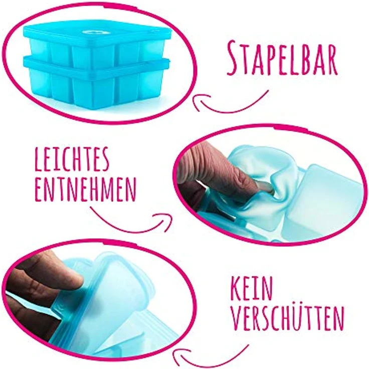 Kochblume Eiswürfelform, großer Silikon Eiswürfelbehälter mit Deckel, BPA-frei und stapelbar, 600 ml, türkis – Bild 3