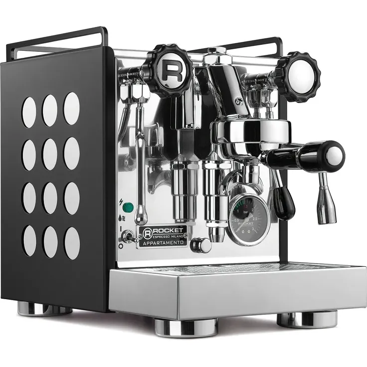 Rocket Appartamento Nero Siebträgermaschine Espressomaschine, Zweikreiser, 1,8 l Kessel, mit Drehrädern, schwarz-weiß
