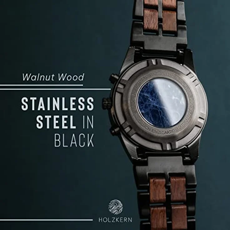 HOLZKERN Herren-Chronograph Quarz Space Dust, Edelstahl anthrazit, blaues Zifferblatt, mit Stoppuhr und Kalender – Bild 3