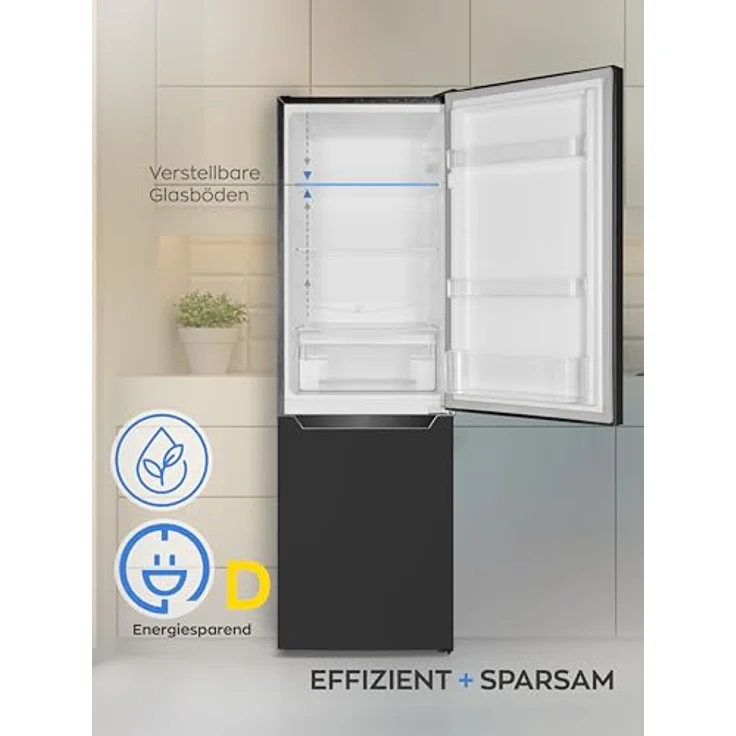 Heinrich´s HKS 3191, Kühlgefrierkombination mit 157 L Gesamtvolumen, 109 L Kühlvolumen, 48 L Gefriervolumen, LED Beleuchtung, Türanschlag wechselbar, leise 39 dB, schwarz – Bild 2