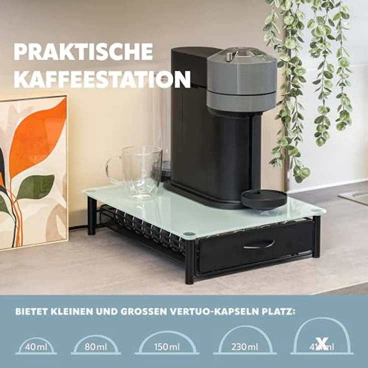 eluno Kapselhalter für 40x Nespresso Vertuo, Schubladenbox mit Glasplatte und Metallständer, ca. 33,5 x 9 x 41 cm, weiß – Bild 5