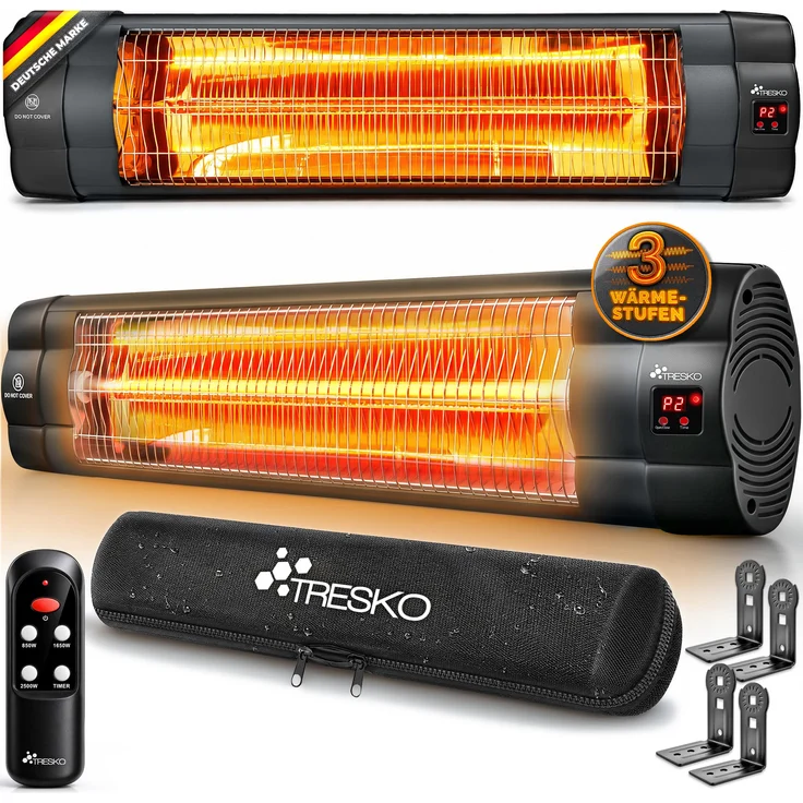 TRESKO® Infrarot Heizstrahler 2500W mit Fernbedienung, 3 Heizstufen, Timer-Funktion und LED-Anzeige, elektrisch für Innen & Außen, inkl. Wandhalterung, korrosionsbeständig