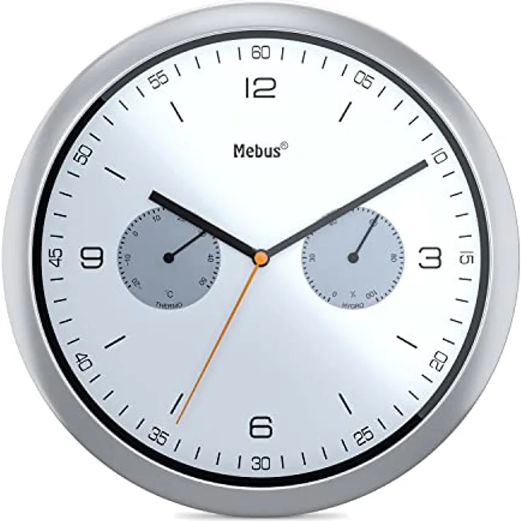 Mebus Quarz-Wanduhr mit Thermometer und Hygrometer / Kunststoff / Rund / Modell: 16102 / Farbe: Silber, 26 cm Durchmesser