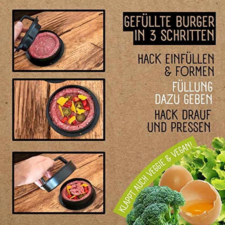 Burgerpresse mit 100 Blatt Burger Papier, 4 Patty Größen inkl. Gefüllte Patties und XXL, Burger Pattie Presse für beste Hamburger, Hamburger Patty Maker mit Rezepten – Bild 4