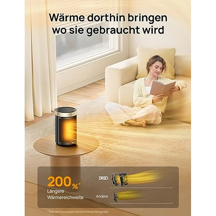 Dreo Energiesparender Heizlüfter, 34 dB Leiser 1500W Elektrischer PTC Keramik, Thermostat, Überhitzungs- & Kippschutz, 12 Std. Timer, Elektroheizung für Räume Schlafzimmer, Atom 316, Gold – Bild 4