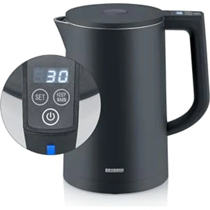 SEVERIN Cool-Touch Wasserkocher WK 3484, doppelwandig mit LED-Temperaturanzeige, Warmhaltefunktion und 1,7 L Kapazität, schwarz, 2.200 W