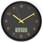 K&L Wall Art Digitale Wanduhr batteriebetrieben analoge Uhr ohne Tickgeräusche Wanduhren mit Datum und Wochentag Schwarz Gold