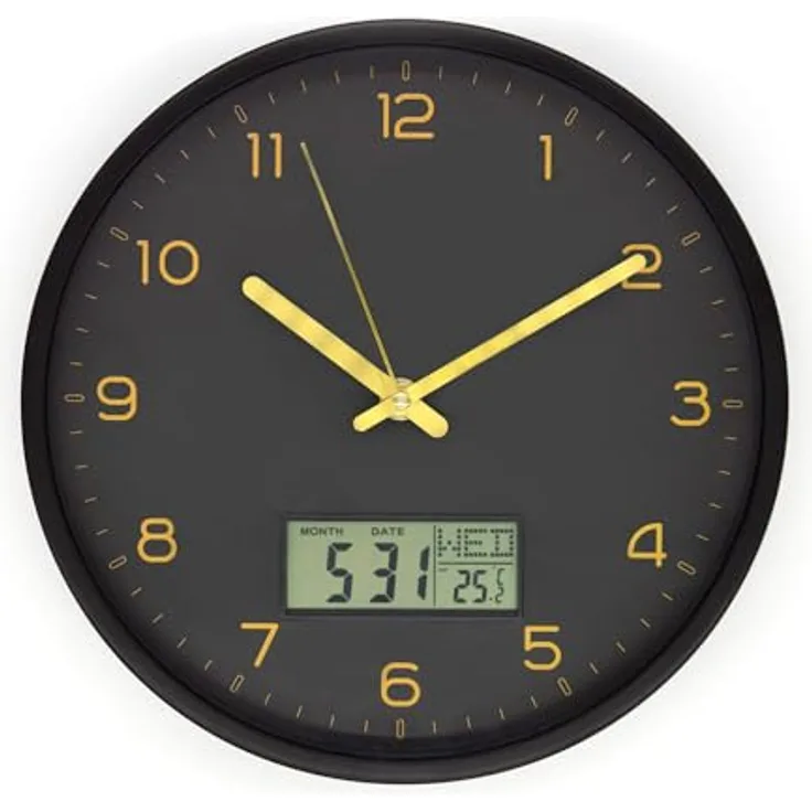 K&L Wall Art Digitale Wanduhr batteriebetrieben analoge Uhr ohne Tickgeräusche Wanduhren mit Datum und Wochentag Schwarz Gold