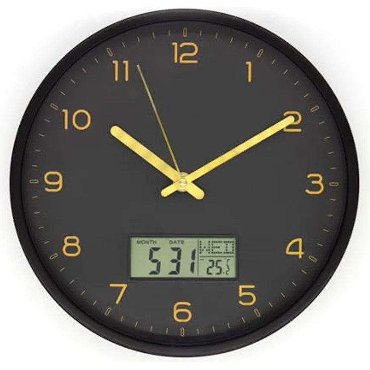 K&L Wall Art Digitale Wanduhr batteriebetrieben analoge Uhr ohne Tickgeräusche Wanduhren mit Datum und Wochentag Schwarz Gold – Bild 1