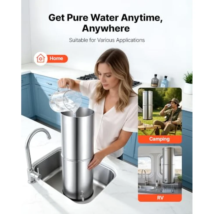 VEVOR Schwerkraft-Wasserfilter Wasserfiltersystem 12,3 L Edelstahl 304, reduziert Blei und bis zu 99 % Chlor, mit 2 Aktivkohlefiltern und 2 Fluoridfiltern, inkl. Wasserhahn & Ständer – Bild 8