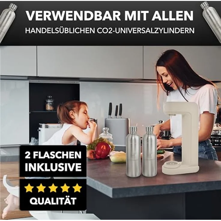 Luckymoose Infinity Wassersprudler, CO₂-sparende Sprudelwasser Maschine mit 2x 1,25L Edelstahlflaschen – kompatibel mit blauen 60l CO₂-Zylindern – Bild 4