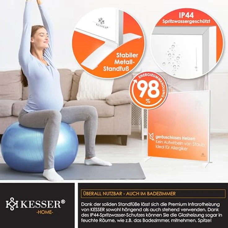 KESSER Infrarotheizung, 350W Energiesparend Infrarot Standgerät & Wandmontage Elektroheizung, IP44 Spritzwasserschutz, Allergikerfreundlich – Bild 7
