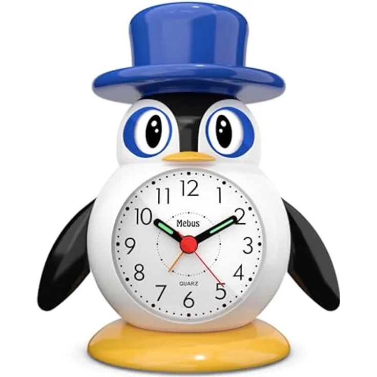 Mebus Kinderwecker 26514, Analoger Wecker mit Quarzuhrwerk, Pinguin-Motiv, Hintergrundbeleuchtung in Blau, Snooze-Funktion, Leuchtzeiger