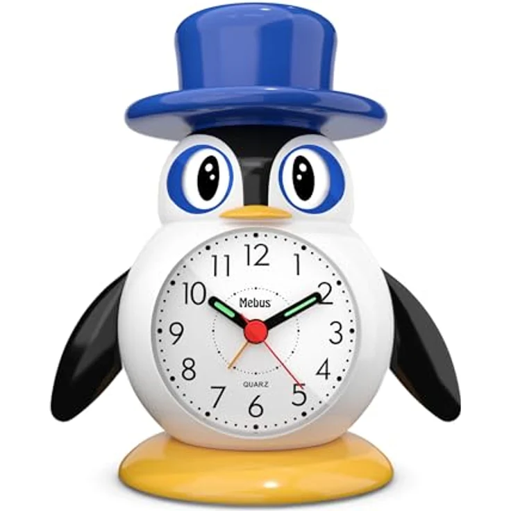 Mebus Kinderwecker 26514, Analoger Wecker mit Quarzuhrwerk, Pinguin-Motiv, Hintergrundbeleuchtung in Blau, Snooze-Funktion, Leuchtzeiger – Bild 1