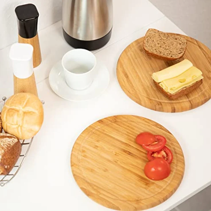 Relaxdays Frühstücksbrettchen 6er Set, Bambus, rund, 25 cm, Küchenbrett, pflegeleicht, natürlich, messerschonend, natur – Bild 4