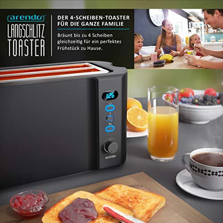 Arendo 4-Schlitz-Toaster, Langschlitz, Defrost Funktion, wärmeisolierendes Gehäuse, schwarz – Bild 7