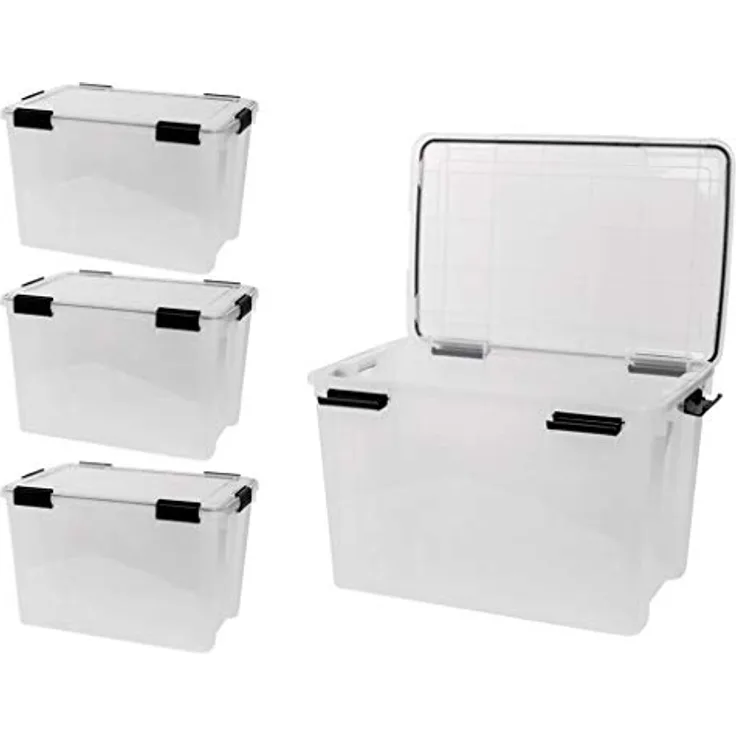 Kreher 4 Stück XL Lagerbox aus transparentem Kunststoff mit Dichtungsring im Deckel, 70 Liter Volumen. TOP QUALITÄT!