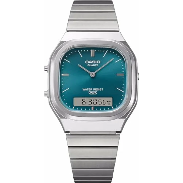 Casio Edgy Collection Herrenuhr AnaDigi Petrol AQ-240E-3AEF, Quarzwerk mit Edelstahlarmband, Stoppuhr, Alarm und Kalendereinstellungen, blau – Bild 4