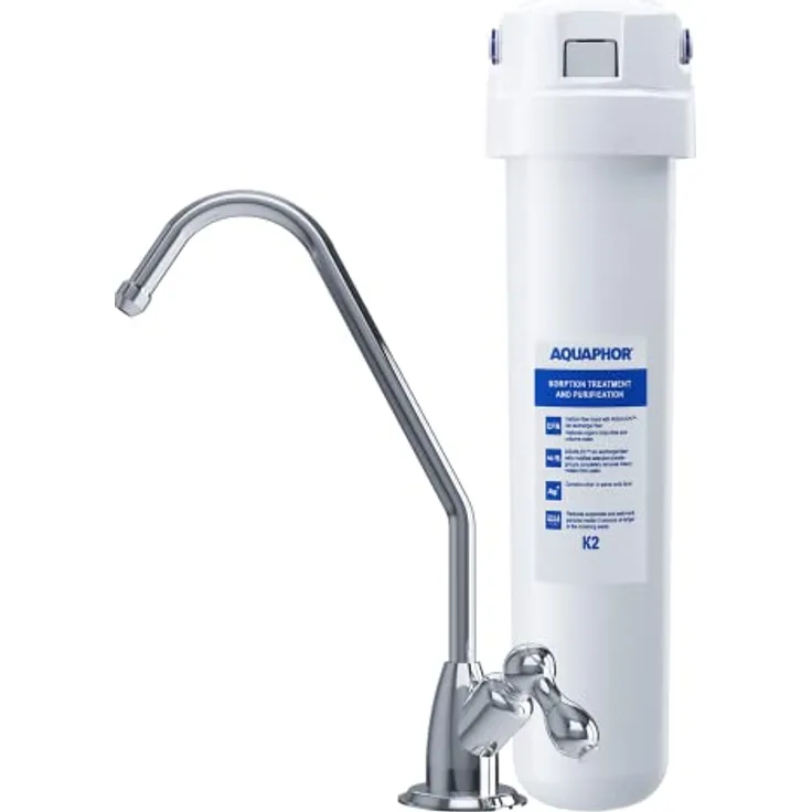 Aquintos Wasseraufbereitung AQUAPHOR Crystal Solo Trinkwasserfilter mit K2 Kartusche gegen Chlor, Pestizide, Schwermetalle, Bakterien und organische Verunreinigungen bis 3 Mikron
