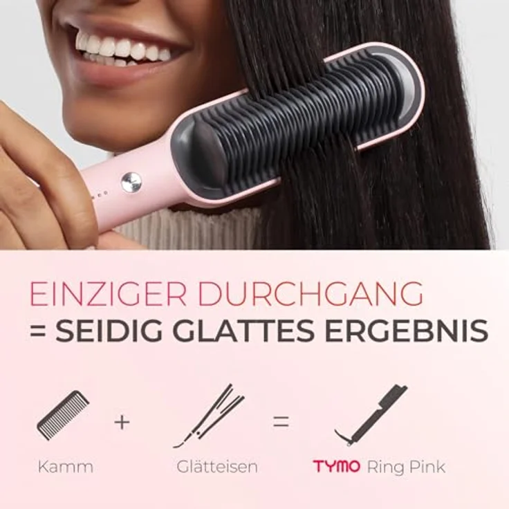 TYMO RING Glättbürste, Verbrühungsschutz Glätteisen, 25s Schneller Keramikerwärmung, 5 Wärmestufen, Rosa – Bild 2