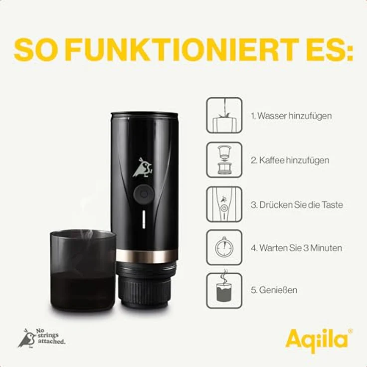 Aqiila Coffeebird Tragbare Espressomaschine to go, 20 bar Druck, selbstheizend, kompatibel mit Nespresso-Kapseln & gemahlenem Kaffee, inkl. Reise-Etui – Bild 4