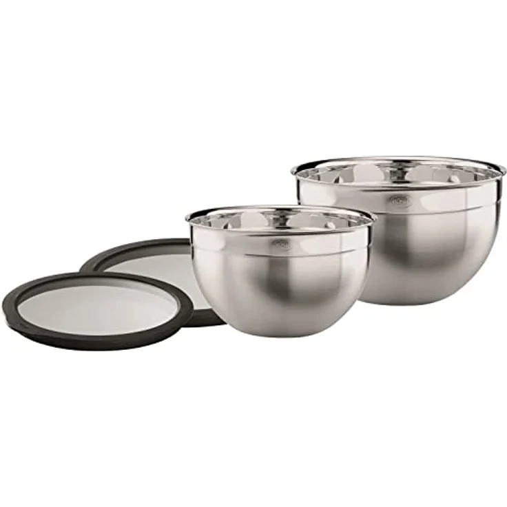 RÖSLE Schüssel-Set 2-tlg. und RÖSLE Frischhaltedeckel (Ø 20 und 24 cm), Hochwertige, formschöne Schüsseln aus Edelstahl zur Zubereitung und Aufbewahrung von Speisen, spülmaschinengeeignet Silberfarben – Bild 1