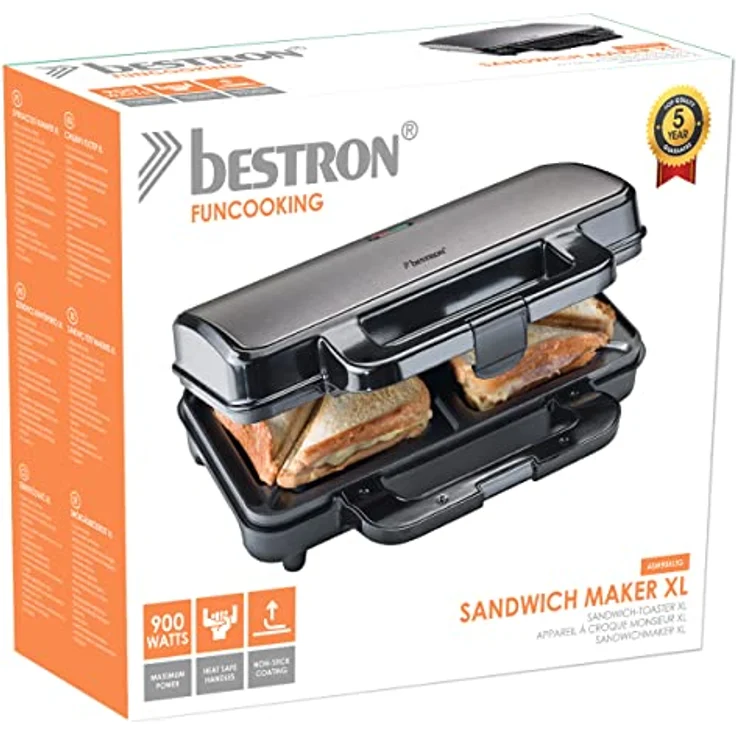 Bestron XL Sandwichmaker, Antihaftbeschichteter Sandwich-Toaster für 2 Sandwiches, inkl. automatischer Temperaturregelung & Bereitschaftsanzeige, 900 Watt, Titangrau – Bild 4