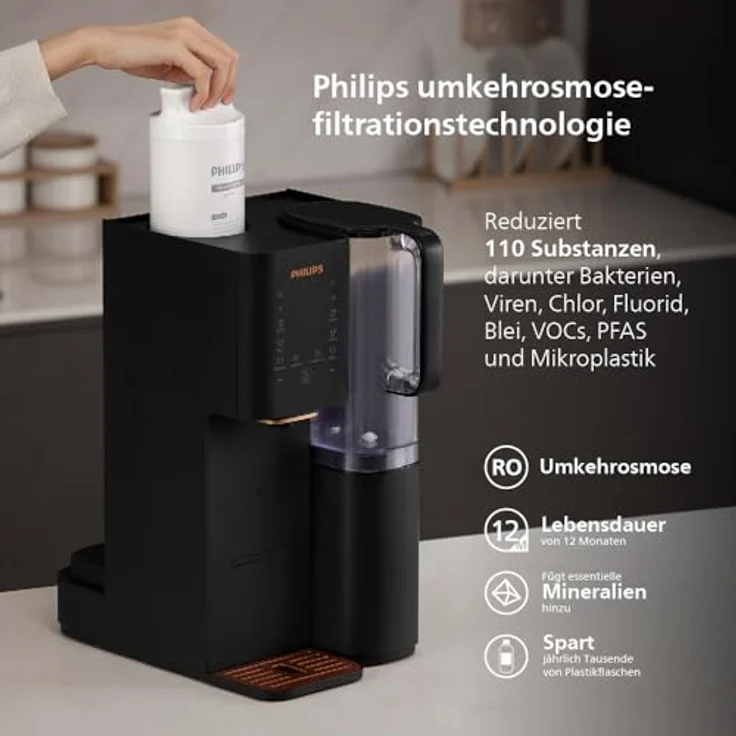 Philips Water Umkehrosmose-Wasserstation ADD6920BK/10, Aquaporin Inside®: Eliminiert bis zu 110 Substanzen, sofortige Erhitzung, 1 Jahr Filterlebensdauer, schwarz – Bild 3