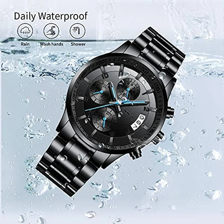 CRRJU Herren Chronograph Armbanduhr, wasserdicht mit Edelstahlarmband und Kalender, schwarz-blau – Bild 5