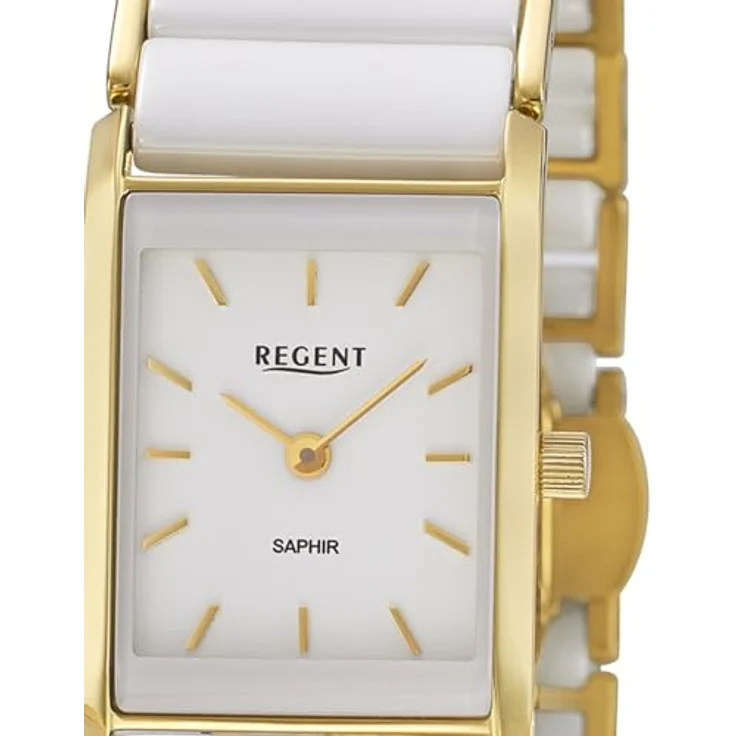 Regent Quarzuhr F-1582, elegante Damenuhr mit analoger Anzeige, goldfarbenes Gehäuse und weißes Keramikarmband, spritzwassergeschützt – Bild 3