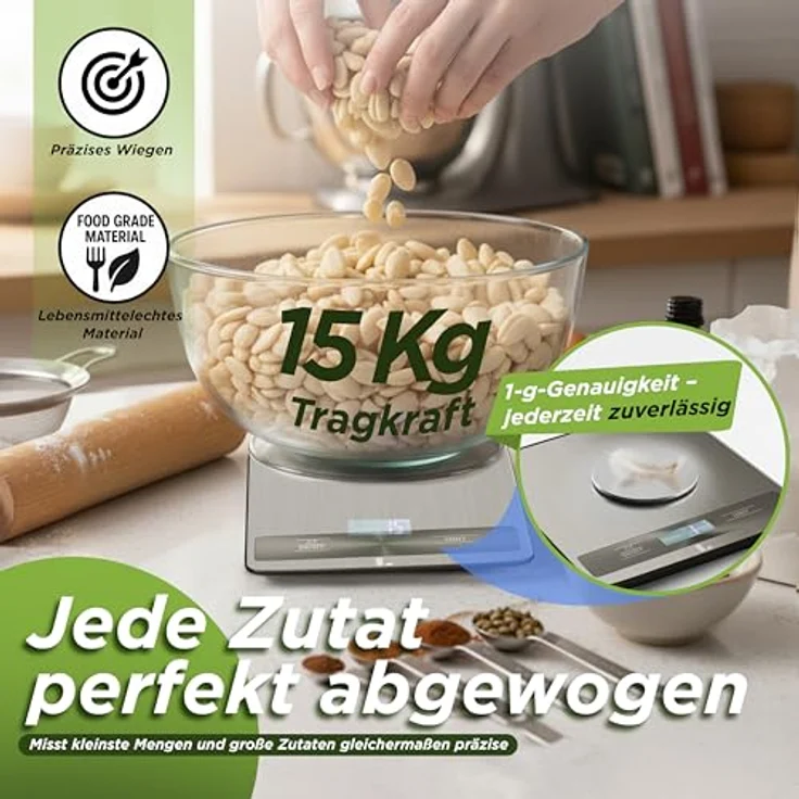 LUNARIA Digitale Küchenwaage 15 kg [PREMIUM], hochpräzise Lebensmittelwaage aus Edelstahl/Kunststoff, große Wiegefläche, LCD-Display, Mehrfacheinheiten (g/kg/oz/lb/ml), batteriebetrieben – Bild 2