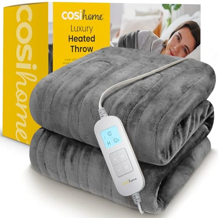 Cosi Home Heizdecke 180x130 cm - Elektrische Wärmedecke mit Abschaltautomatik, Überhitzungsschutz, Waschbar, 10 Heizstufen, 10 Stunden Timer - Grau