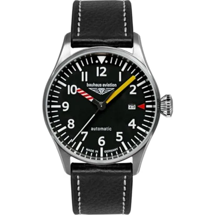 Bauhaus Herrenuhr Aviation Automatik Schwarz 2762-5, Lederarmband, Edelstahlgehäuse, Mineralglas