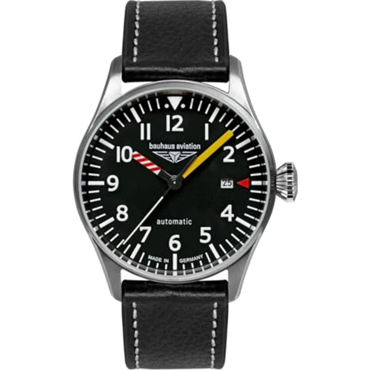 Bauhaus Herrenuhr Aviation Automatik Schwarz 2762-5, Lederarmband, Edelstahlgehäuse, Mineralglas – Bild 1
