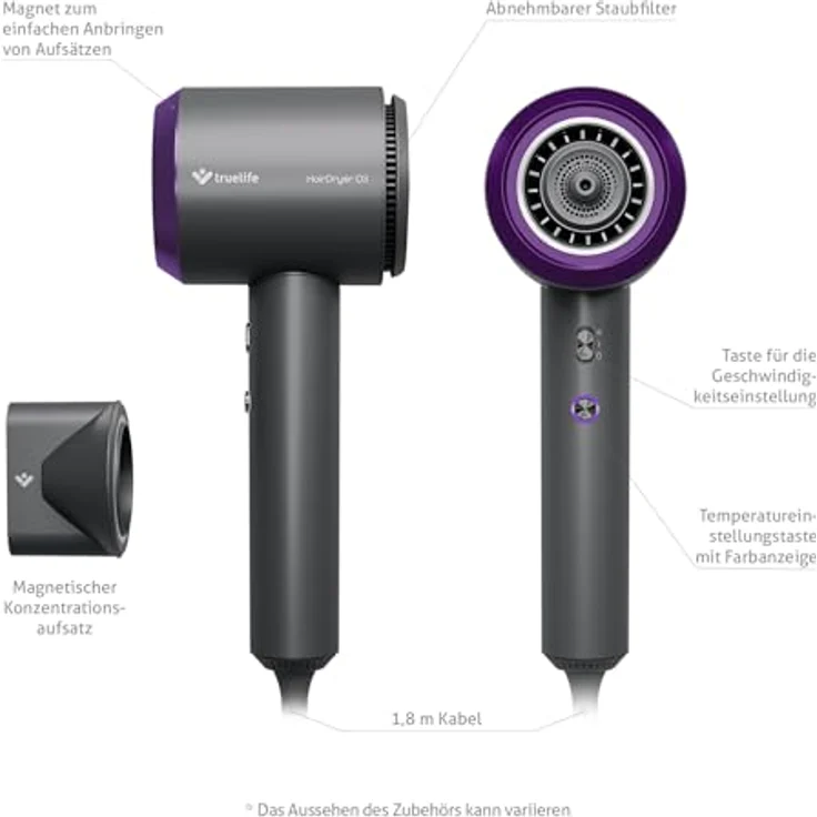 TrueLife Haartrockner TrueLife HairDryer D3, Ionisator, 2 Geschwindigkeiten, 4 Temperaturen, leise (schwarz) – Bild 8