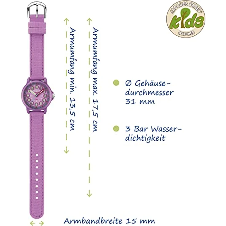 JACQUES FAREL Lernuhr Öko Kinderuhr Mädchen Armbanduhr in Lila Violett aus Bio-Baumwolle, Analog Quarz mit Lernzifferblatt, Nachhaltig ORGT 1112 – Bild 4