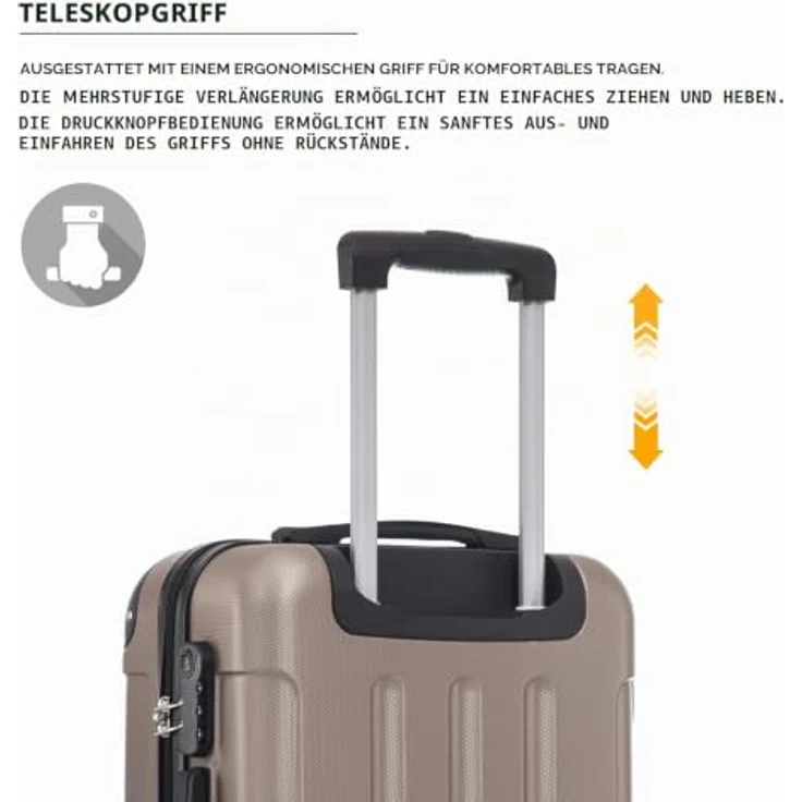 YONSLY Trolley Koffer Suitcase, Hartschalenreisekoffer mit 4 Rollen 360°, Zahlenschloss, weichem Gummigriff, M, Champagner – Bild 5