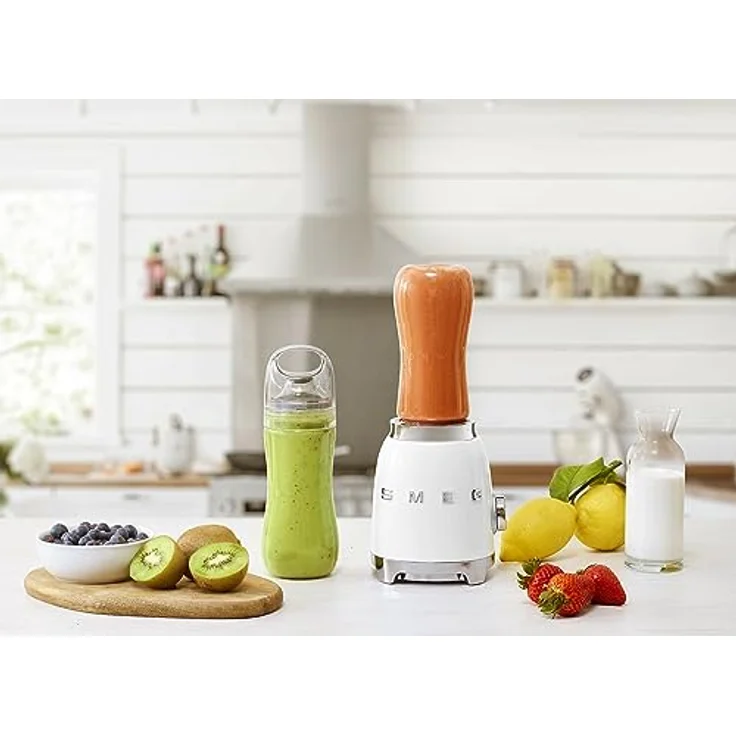 Smeg PBF01 Smoothiemaker, 300 Watt, inkl. 2 x 600 ml To-Go-Trinkflaschen, 2 Geschwindigkeiten, Edelstahl, weiß, Serie: PBF01 – Bild 6