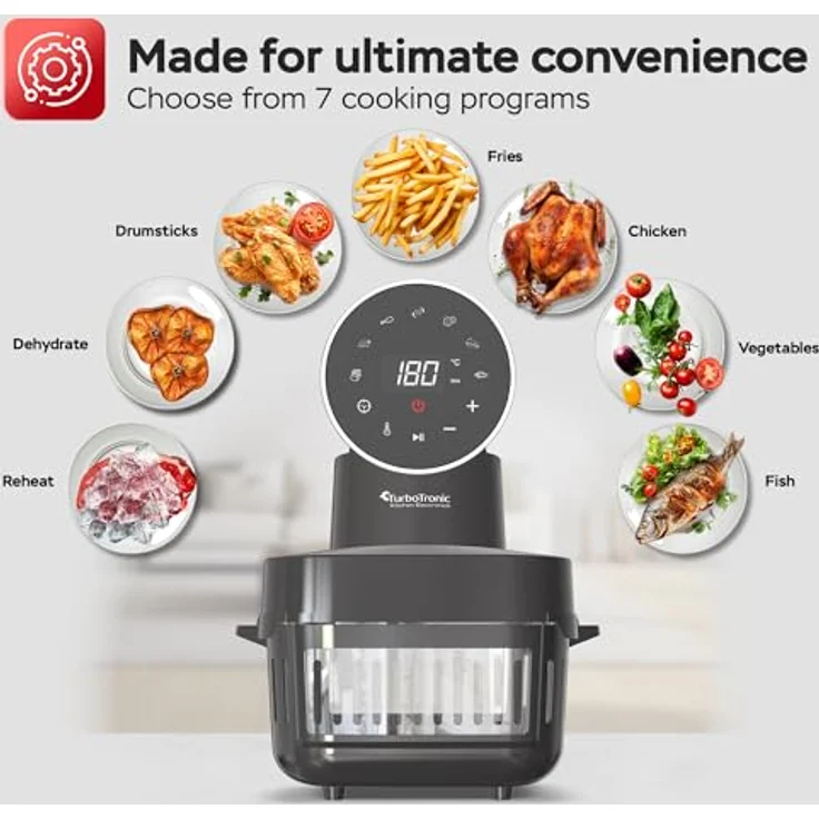 TurboTronic Heißluftfritteuse TT-AFG6, 6 L Glas Airfryer mit 1600 W, digitalem Touch-Display, 7 Programmen, Temperaturregelung 50–180 °C, BPA-frei, grau – Bild 4