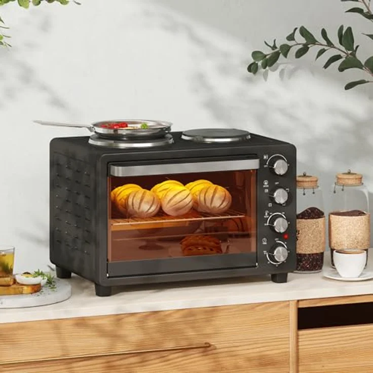 HOMCOM Minibackofen 28 L 2600W Mini Backofen mit 2 Warmhalteplatten, Timer, Pizzaofen Schwarz – Bild 2