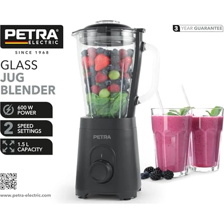 Petra PT5531MBLKVDE Glas Standmixer - BPA Frei 1.5L Krug-Mixer, 600W Smoothie Maker, Edelstahlklinge – Bild 2
